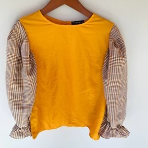 Shein size M mustard blouse with brown plaid balloon sleeves ruffle trim